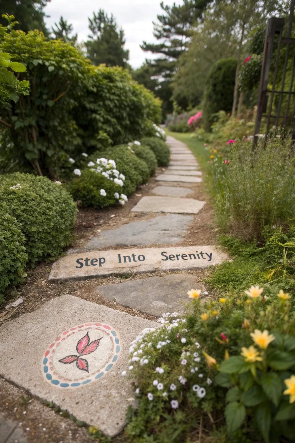 Stepping stone signs guide your steps with artful messages.