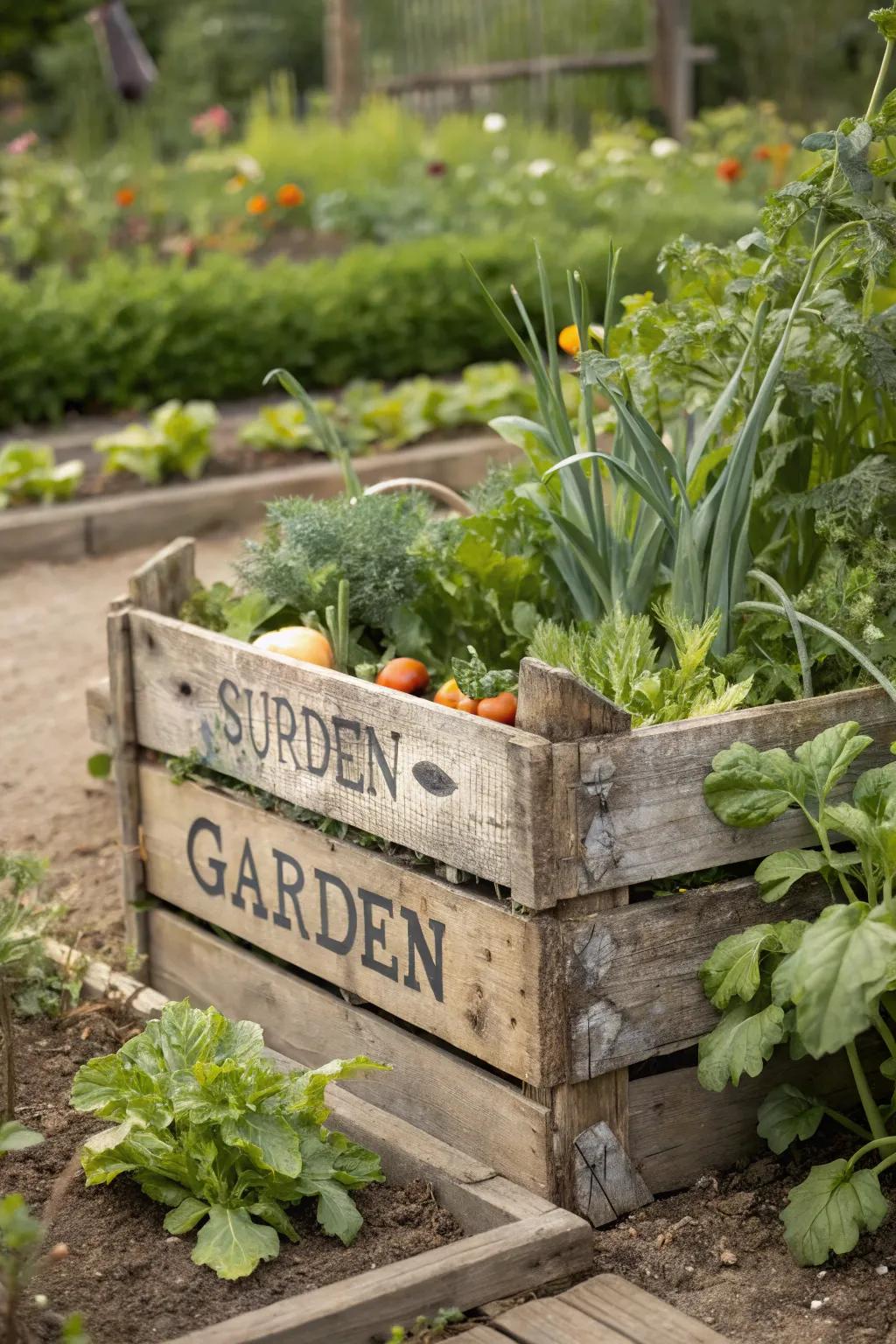 A rustic garden sign crafted from an upcycled wooden crate.