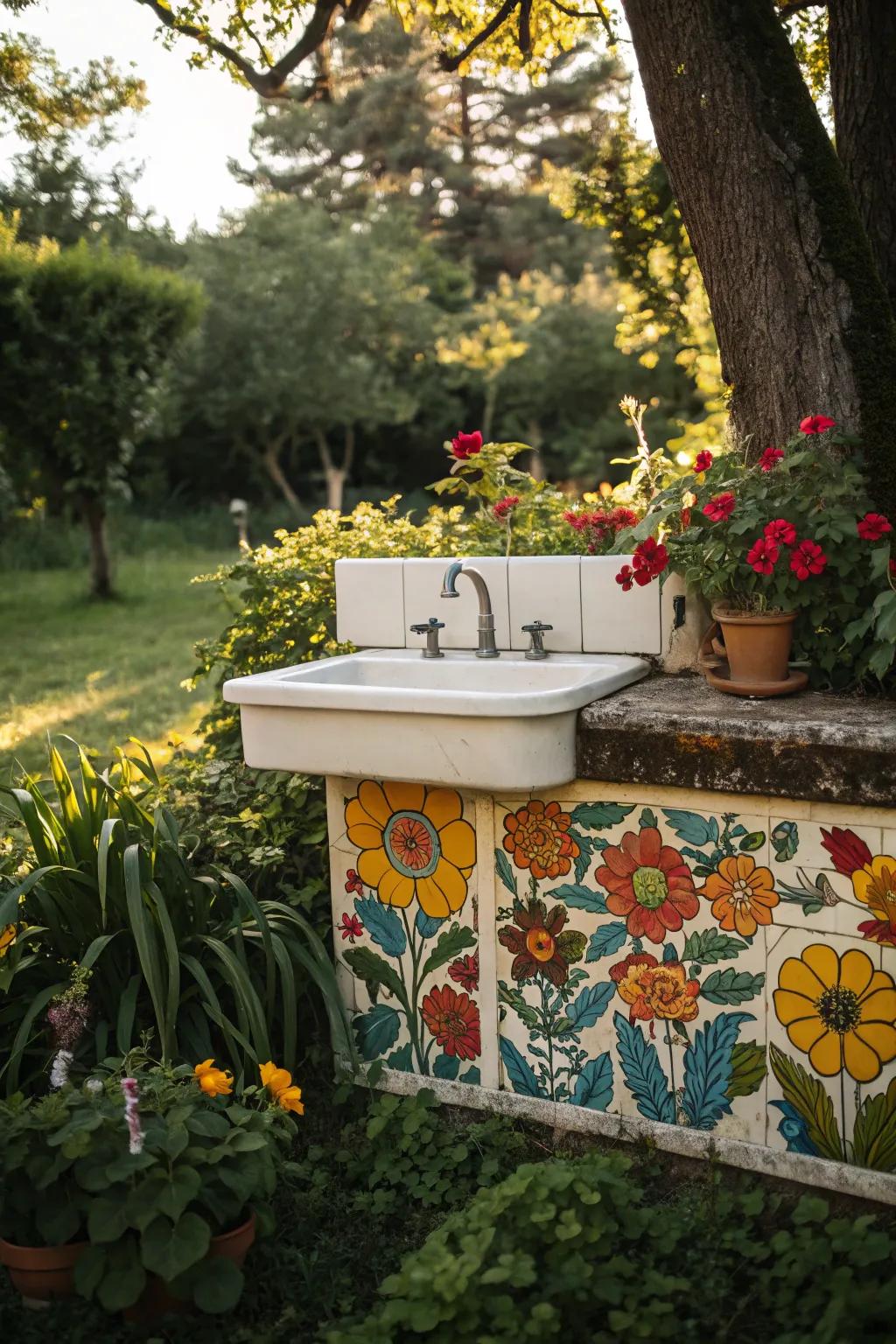 A vibrant floral backsplash enhances the charm of this garden sink.