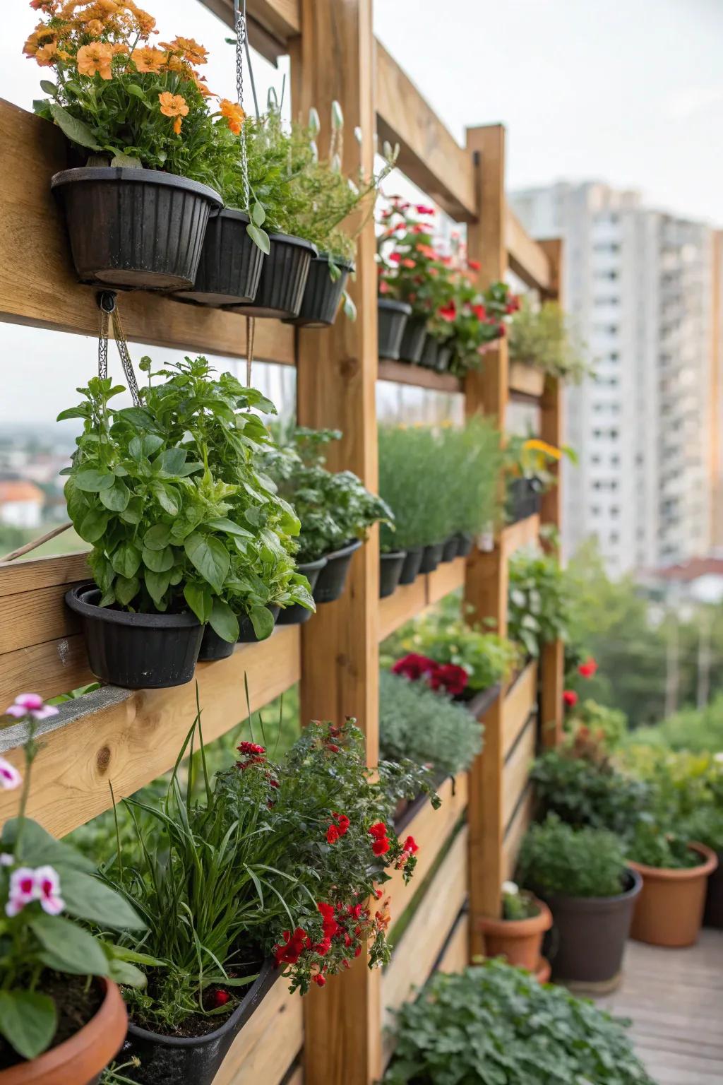 Vertical gardening with sleepers, maximizing space creatively.