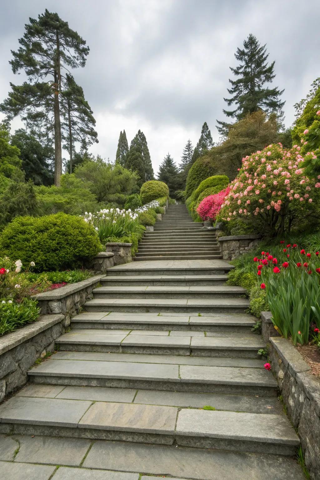 Graceful flagstone stairs seamlessly blending with the garden.