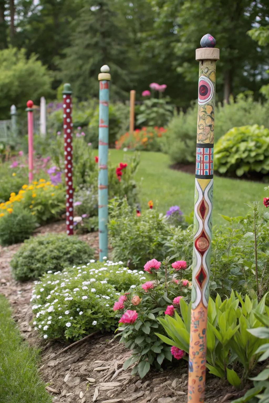 Intricately hand-painted garden stakes adding a personal touch to the garden.