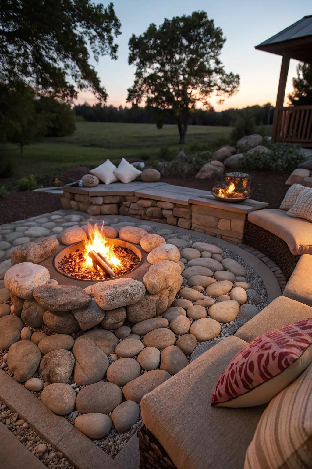 Stone surrounds create inviting spaces around fire pits.