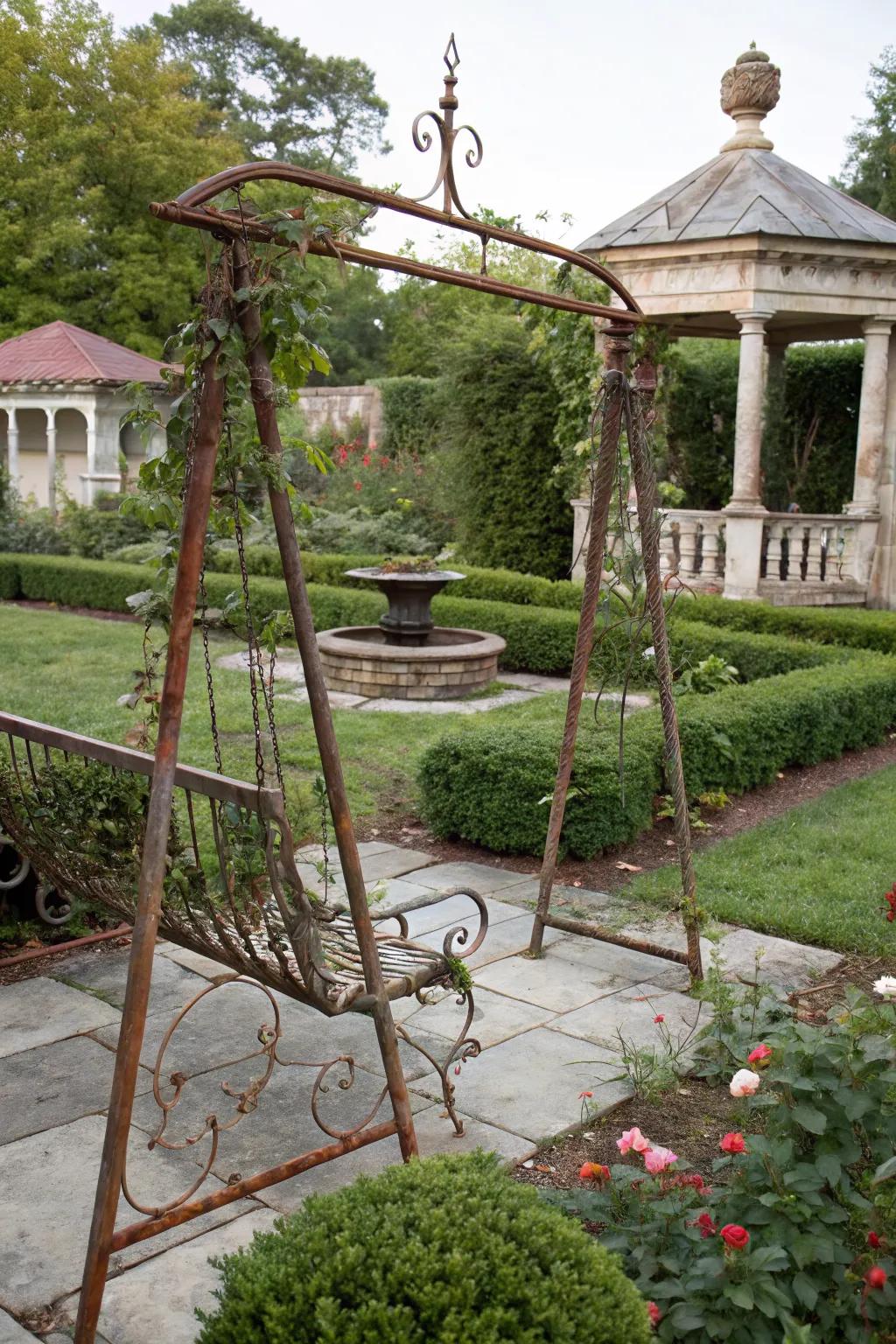 Vintage metal swings offer timeless charm and elegance.