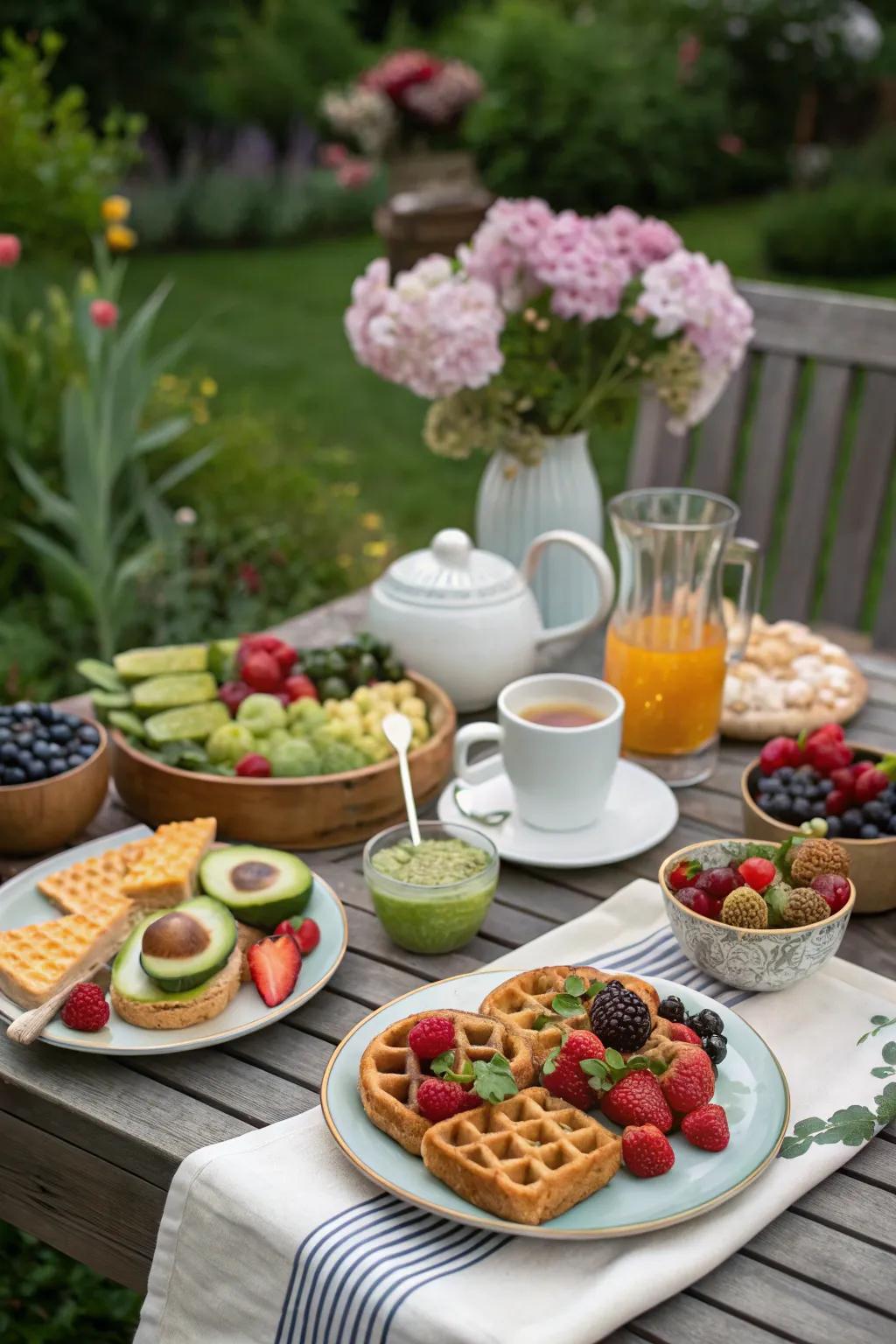 A creative brunch spread delights guests with gourmet twists.