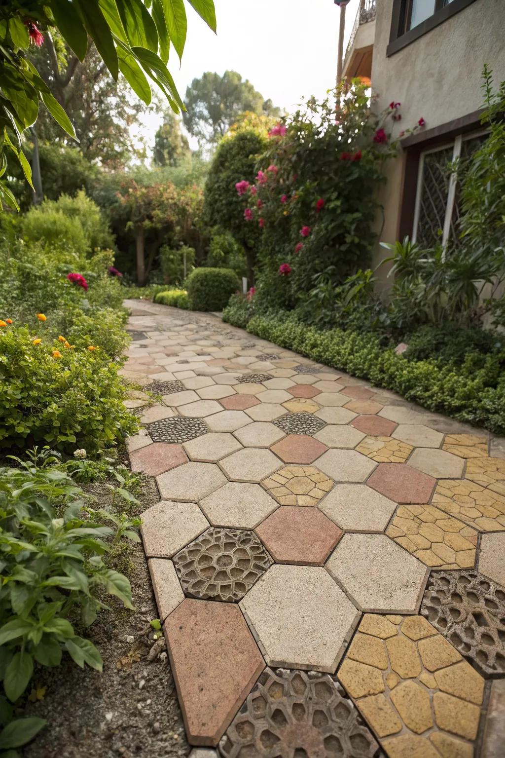 Hexagonal tiles offer unique, geometric charm in gardens.