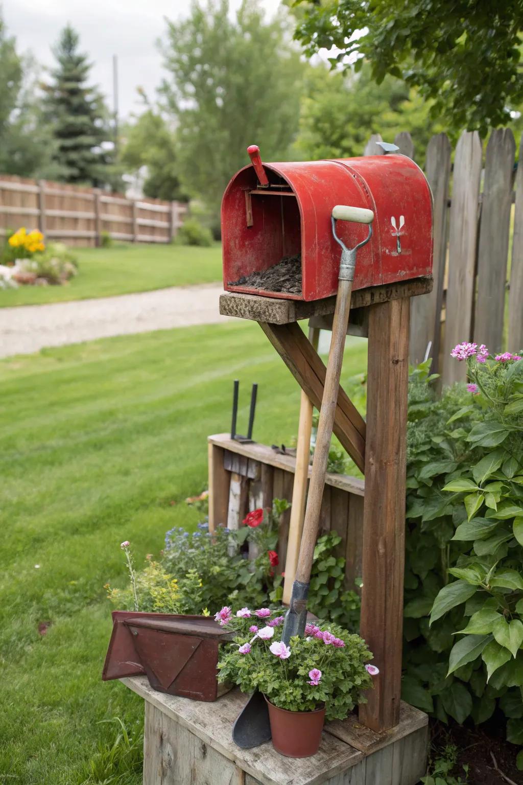 Antique mailbox as a quaint garden tool storage.