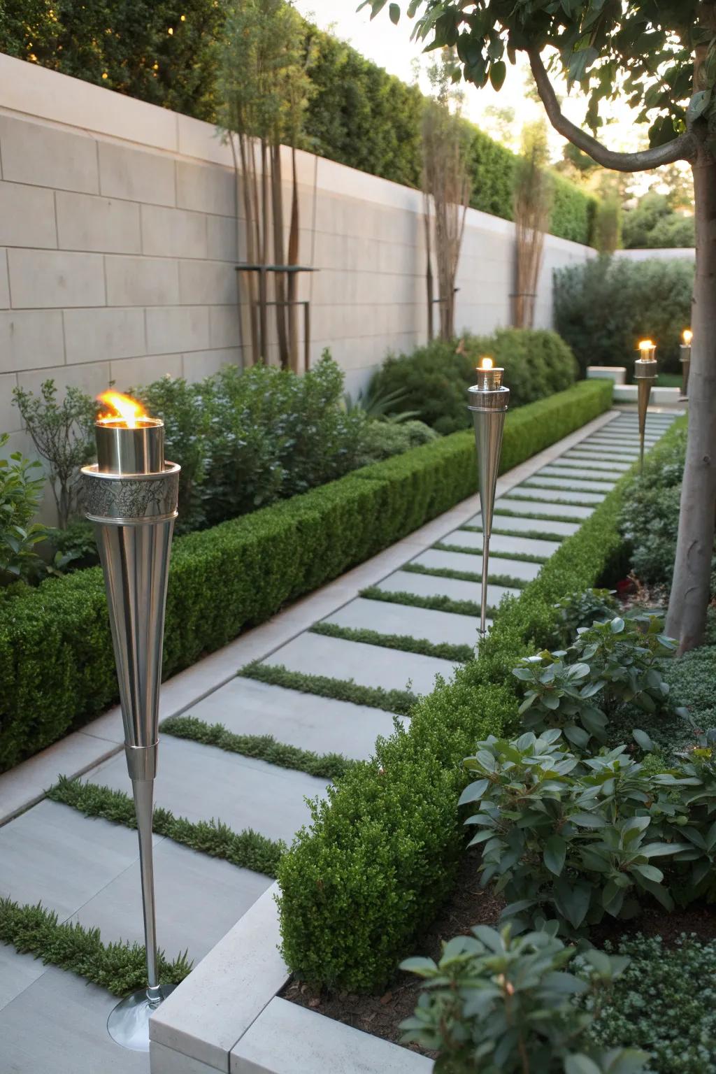 Minimalist torches bring a sleek look to contemporary gardens.