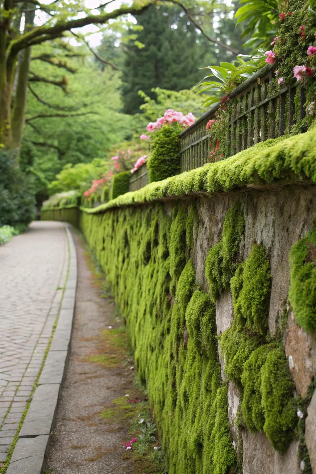Living moss walls bring serene greenery to shaded garden areas.