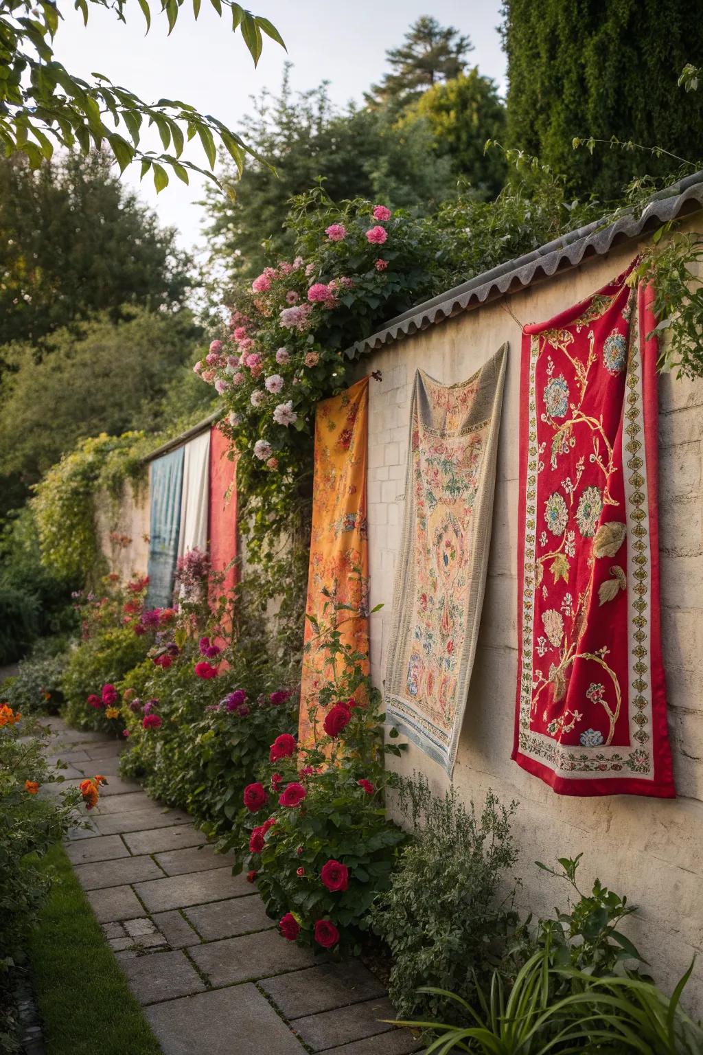 Fabric wall hangings add color and pattern to your garden.