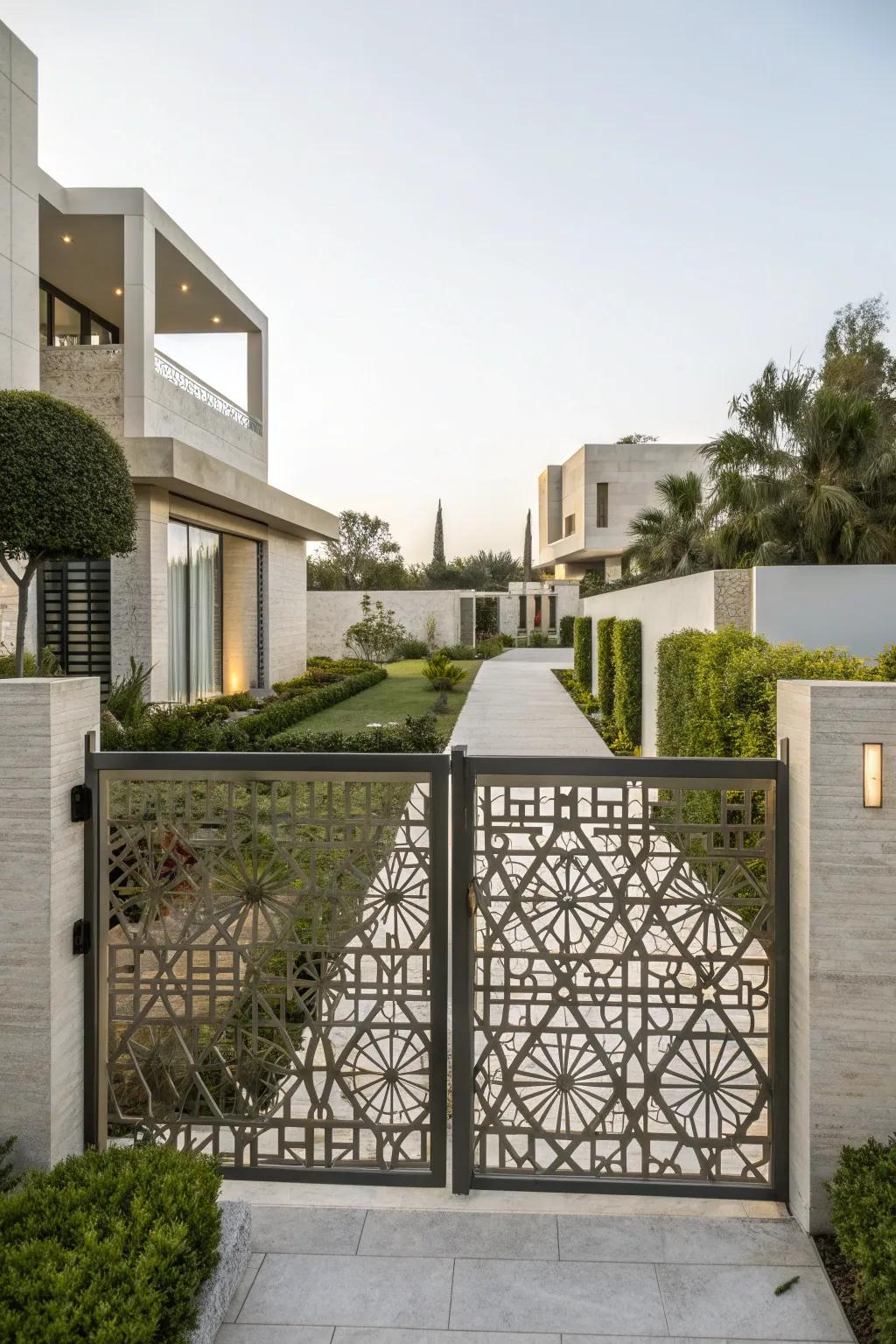 A gate with geometric patterns that adds an artistic touch.