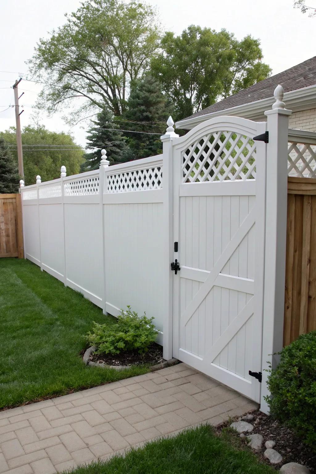Vinyl gates with lattice tops combine practicality with elegance.