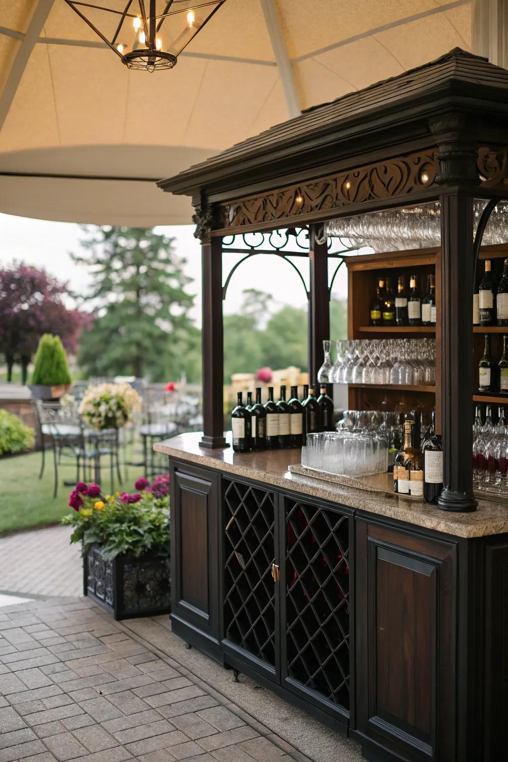 An elegant wine bar in a gazebo, perfect for wine enthusiasts.