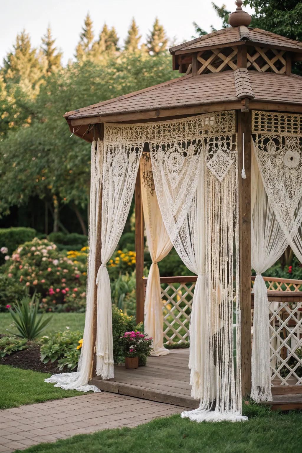 Macramé or lace curtains offer a bohemian touch to your outdoor setting.
