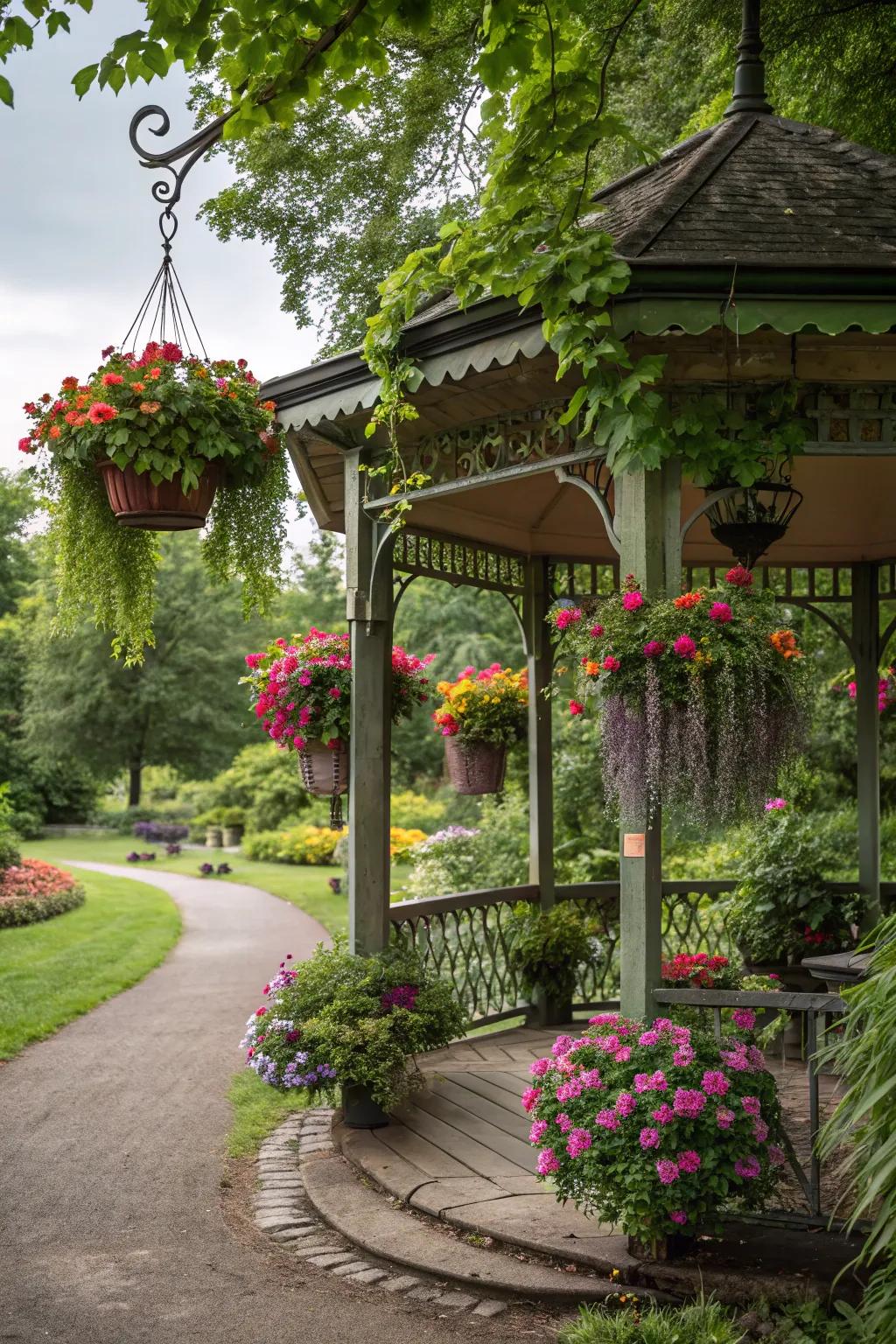 Decorative pots and hanging plants adorn a gazebo.