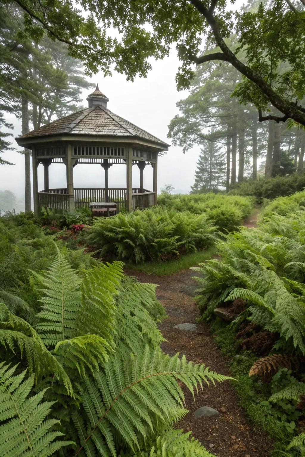 Ferns add lush greenery and texture to this cozy gazebo.