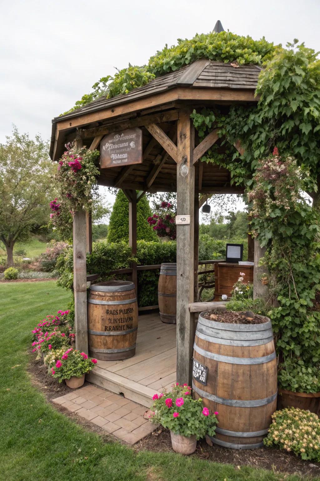 Wooden elements enhance a rustic theme.