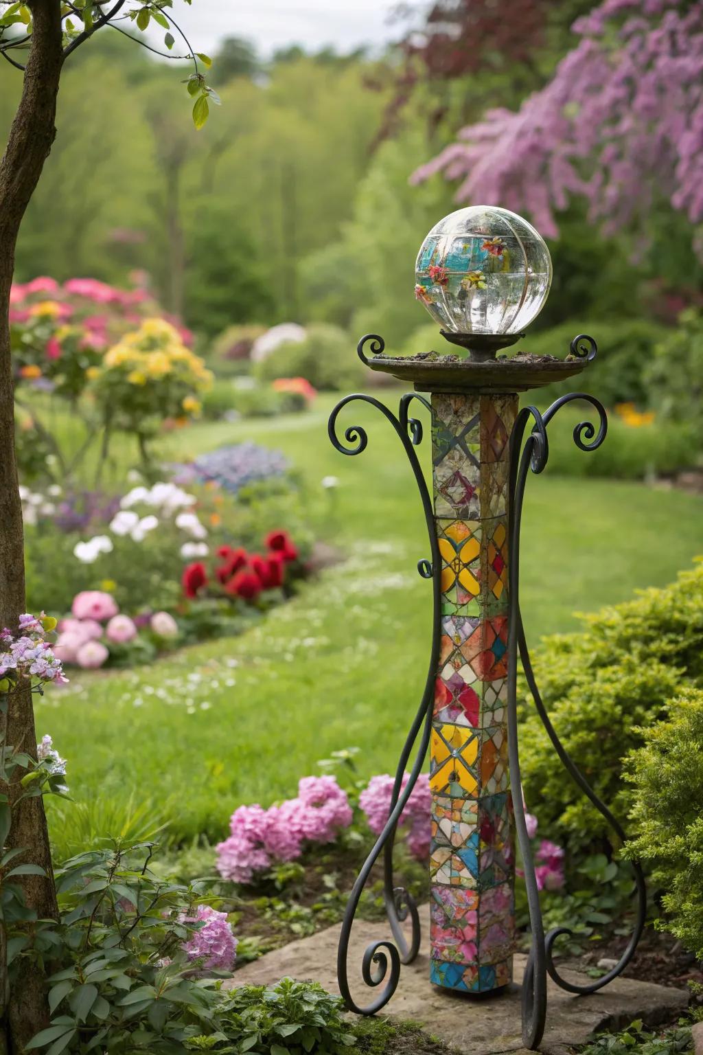 Vibrant colors make this gazing ball stand a lively garden accent.