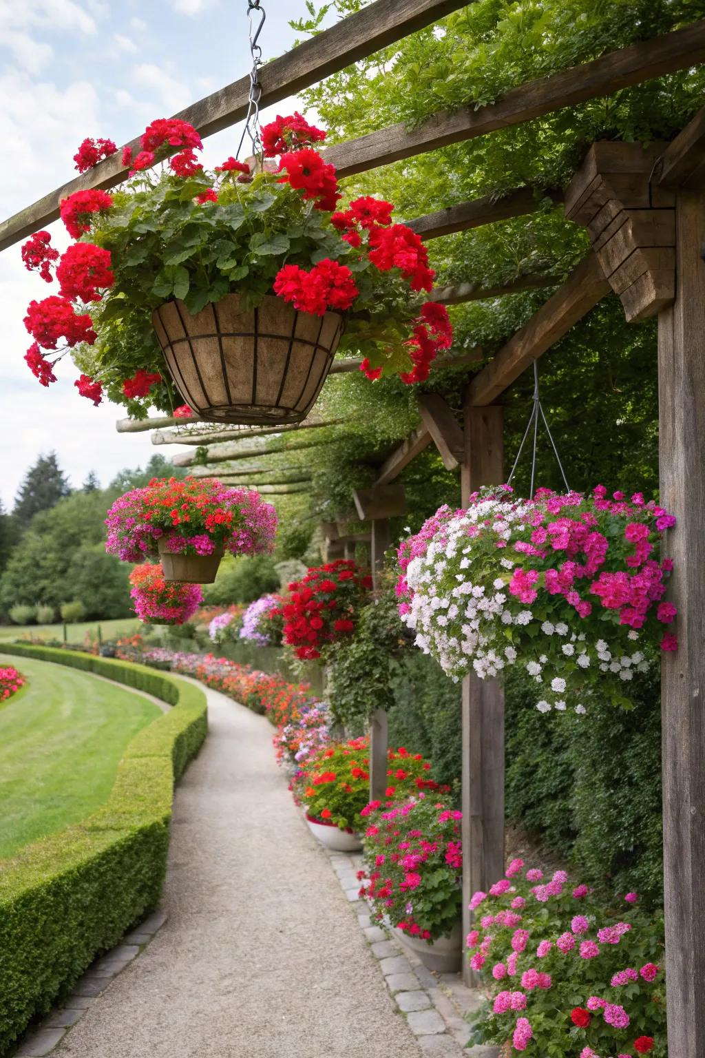Hanging baskets with geraniums create a charming aerial display.