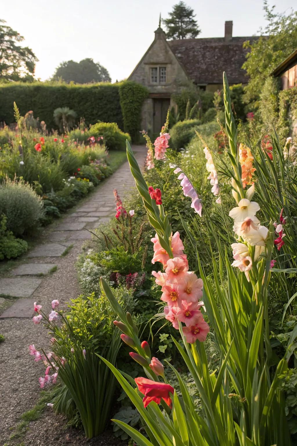 Whimsical cottage garden design with scattered gladiolus.
