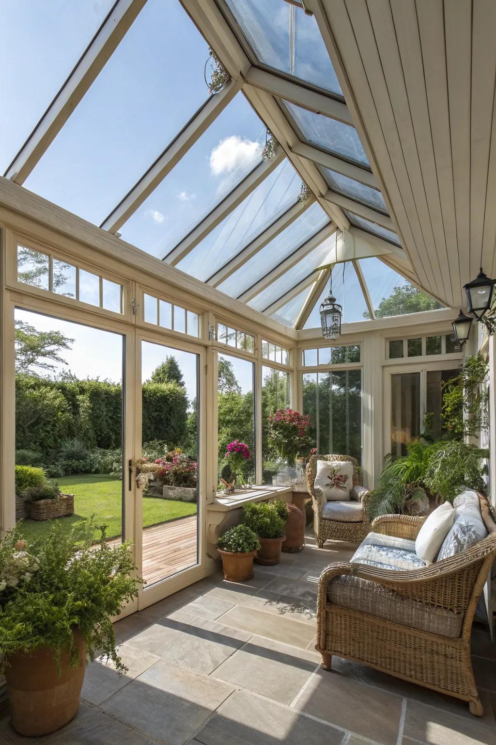 A gabled roof adds grandeur to the porch.