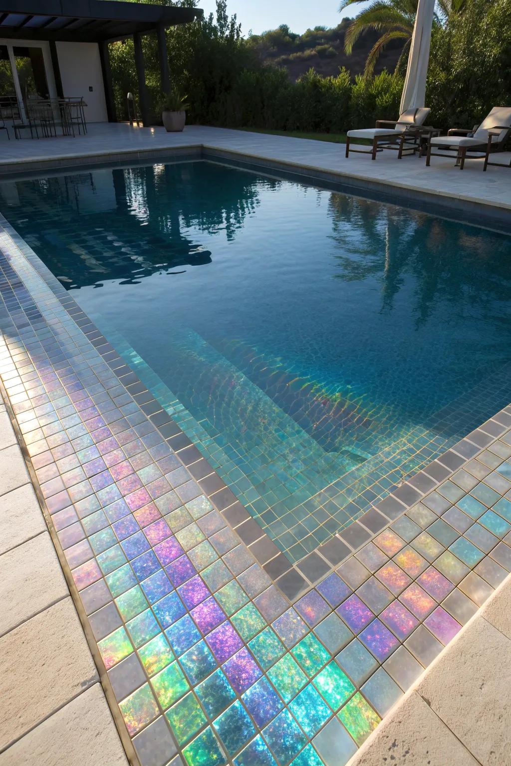 Iridescent tiles bring a magical, color-changing touch to your pool.
