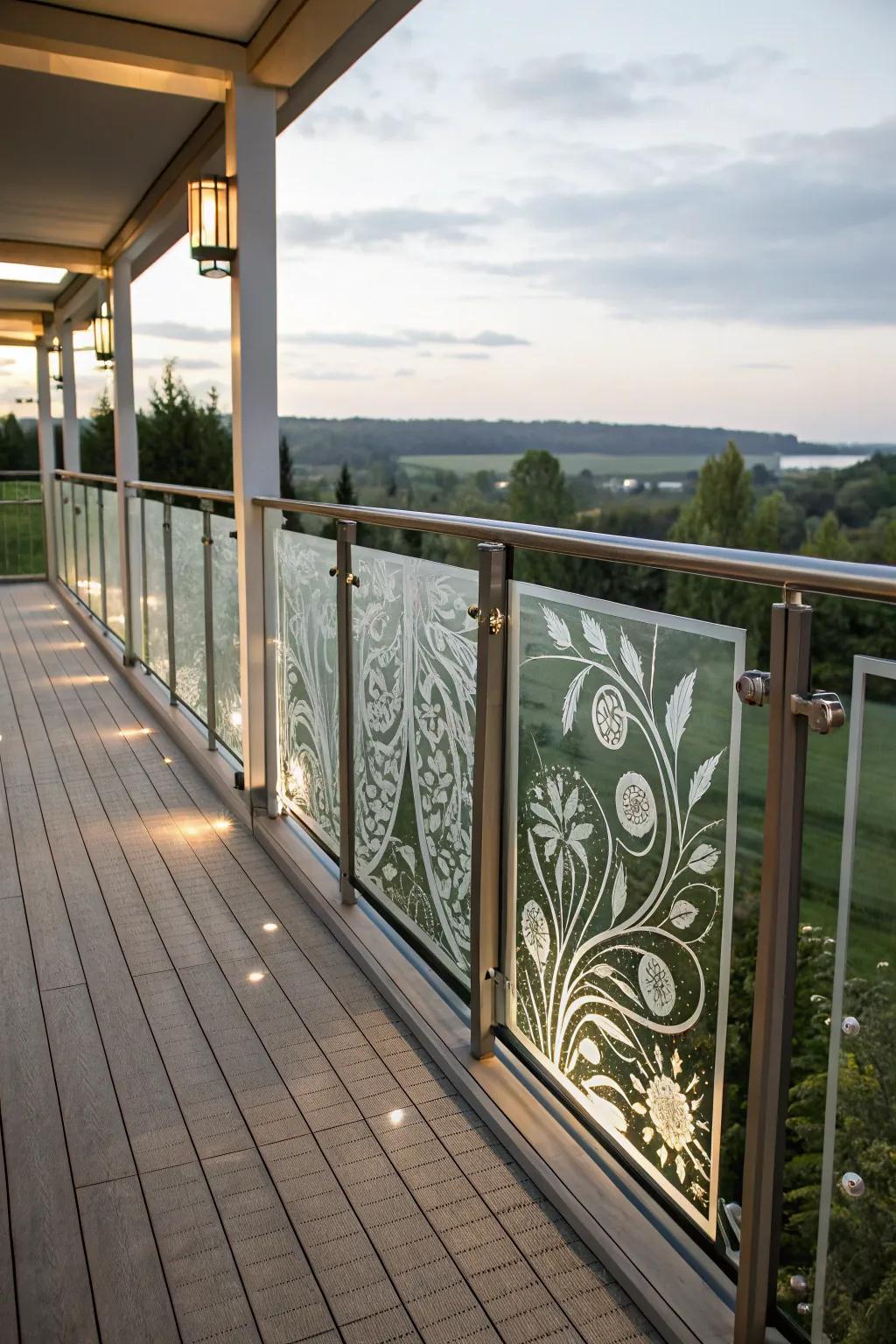 Patterned glass railings adding an artistic flair to a deck.