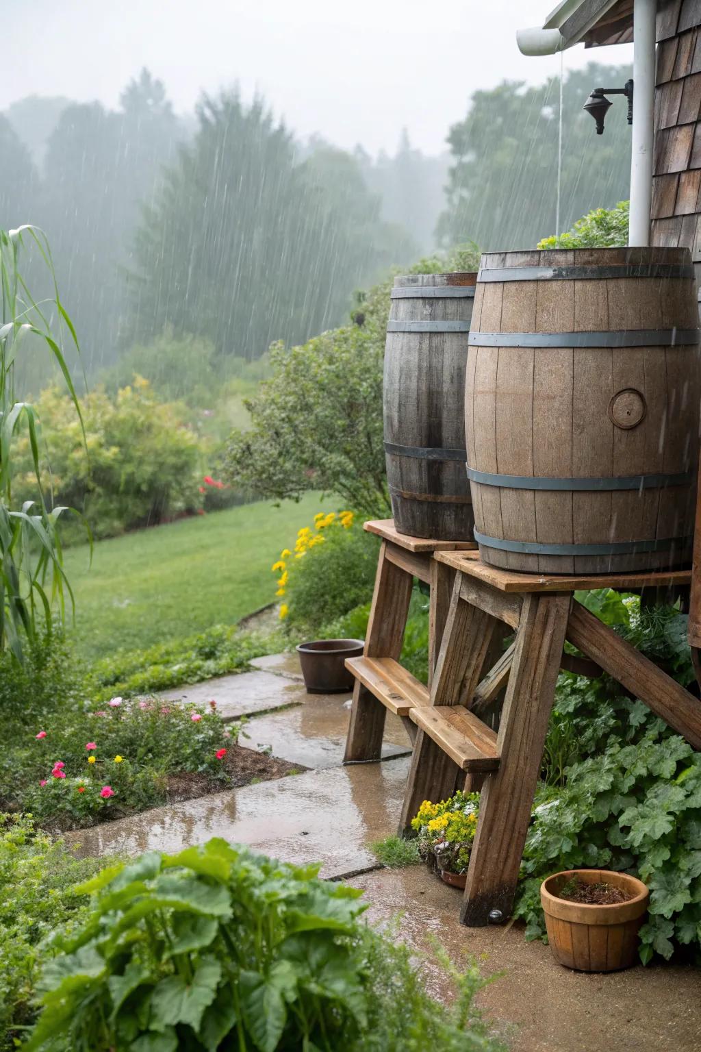 Elevated rain barrels enhancing garden irrigation