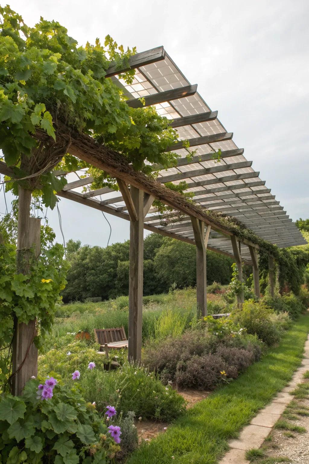 A sustainable pergola with solar panels and lush grapevines.