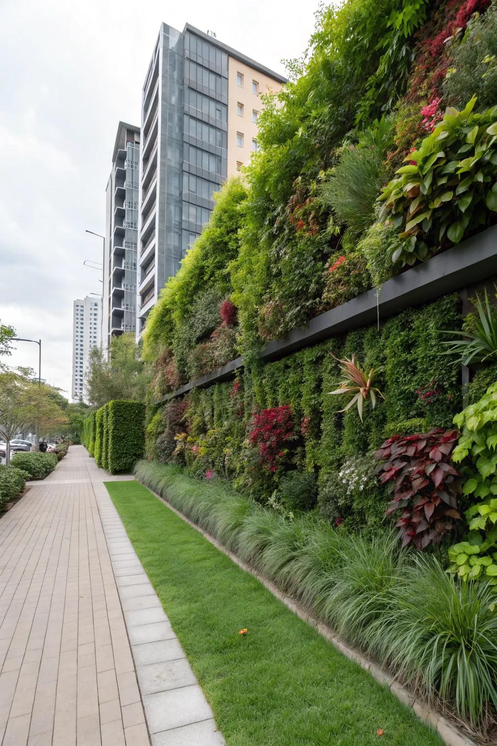 Save space with stunning vertical gardens next to grass and pavers.
