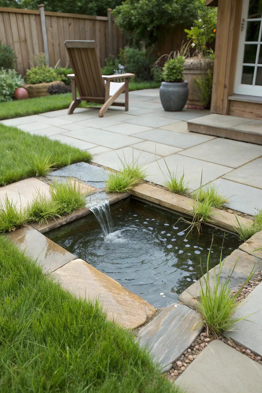 Water features add tranquility to your grass patio.
