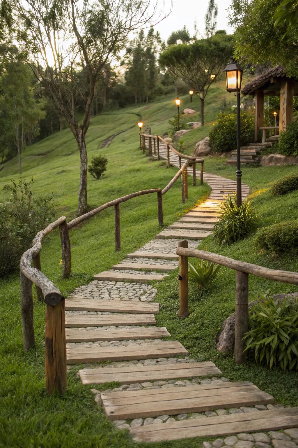 Wooden accents on a grass walkway for rustic warmth.
