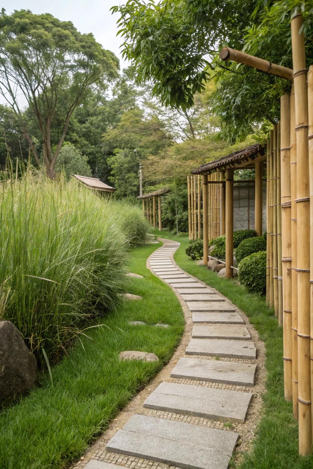 A grassy path enhanced by the calming presence of bamboo.