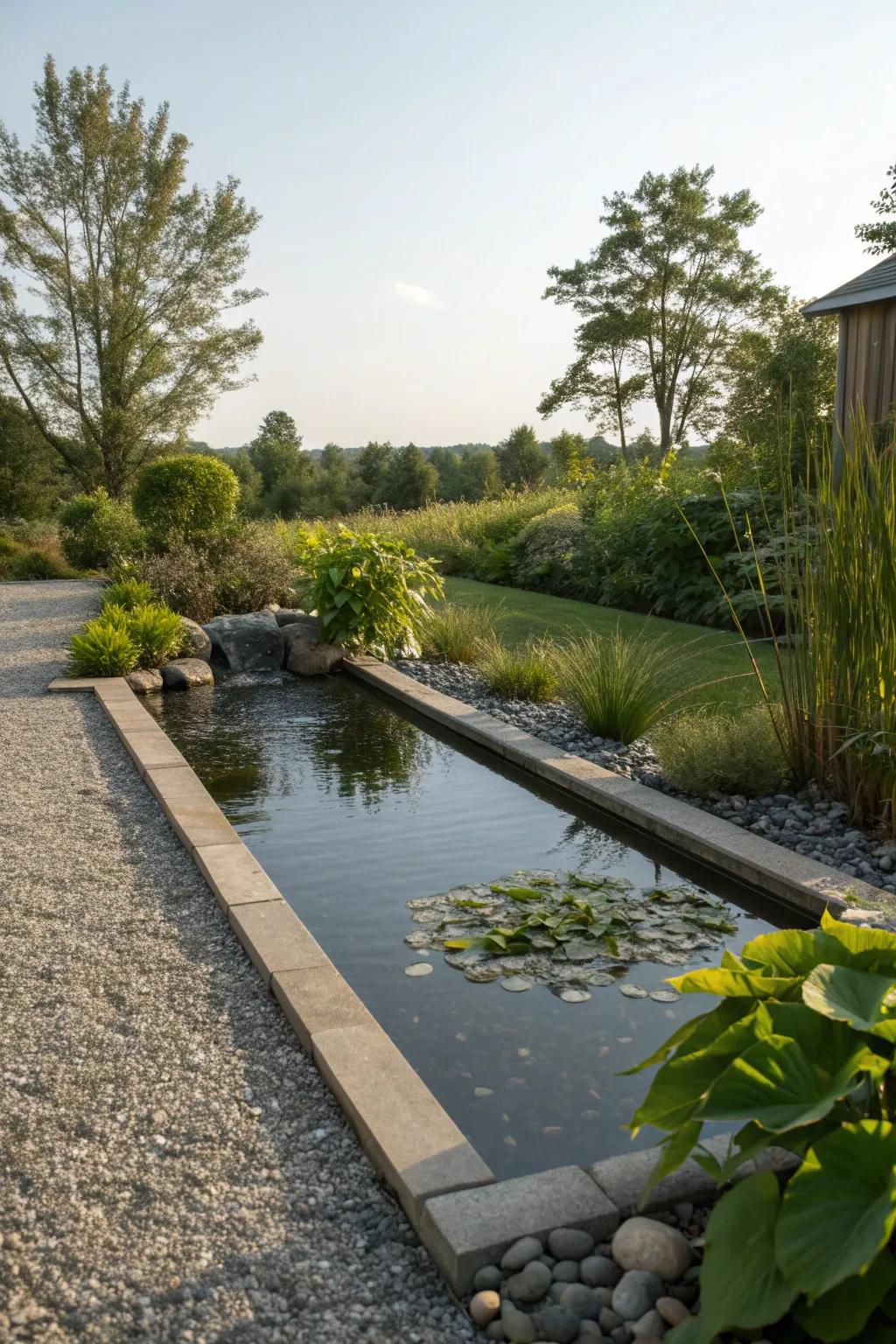 A tranquil water feature enhanced by gravel.