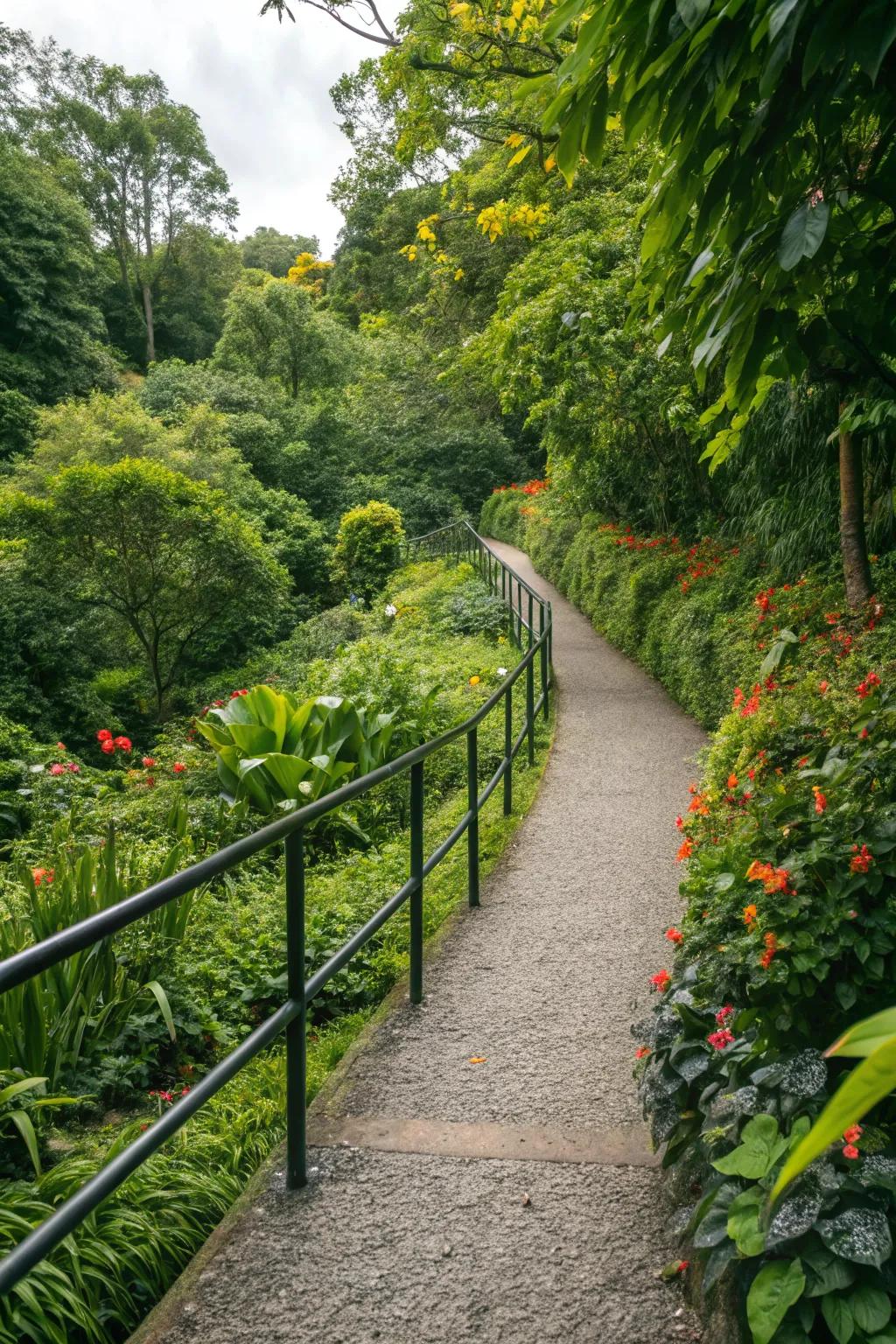 A distinctive raised gravel pathway in a garden setting