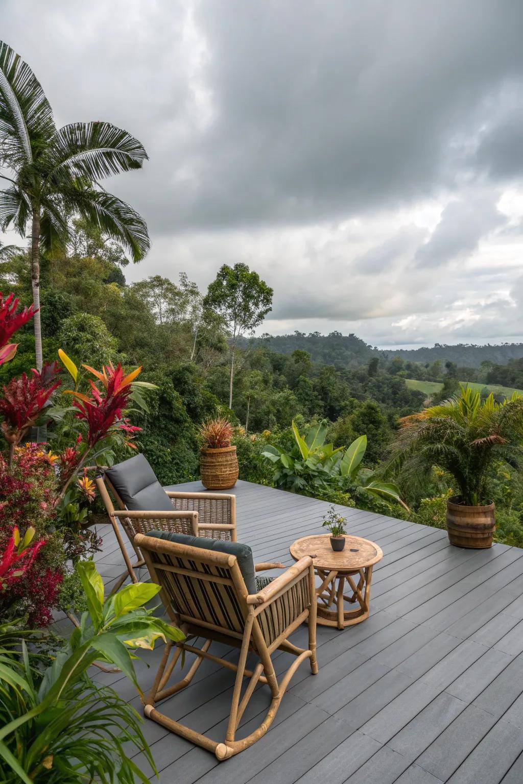 Create a tropical oasis with lush greenery and natural materials.