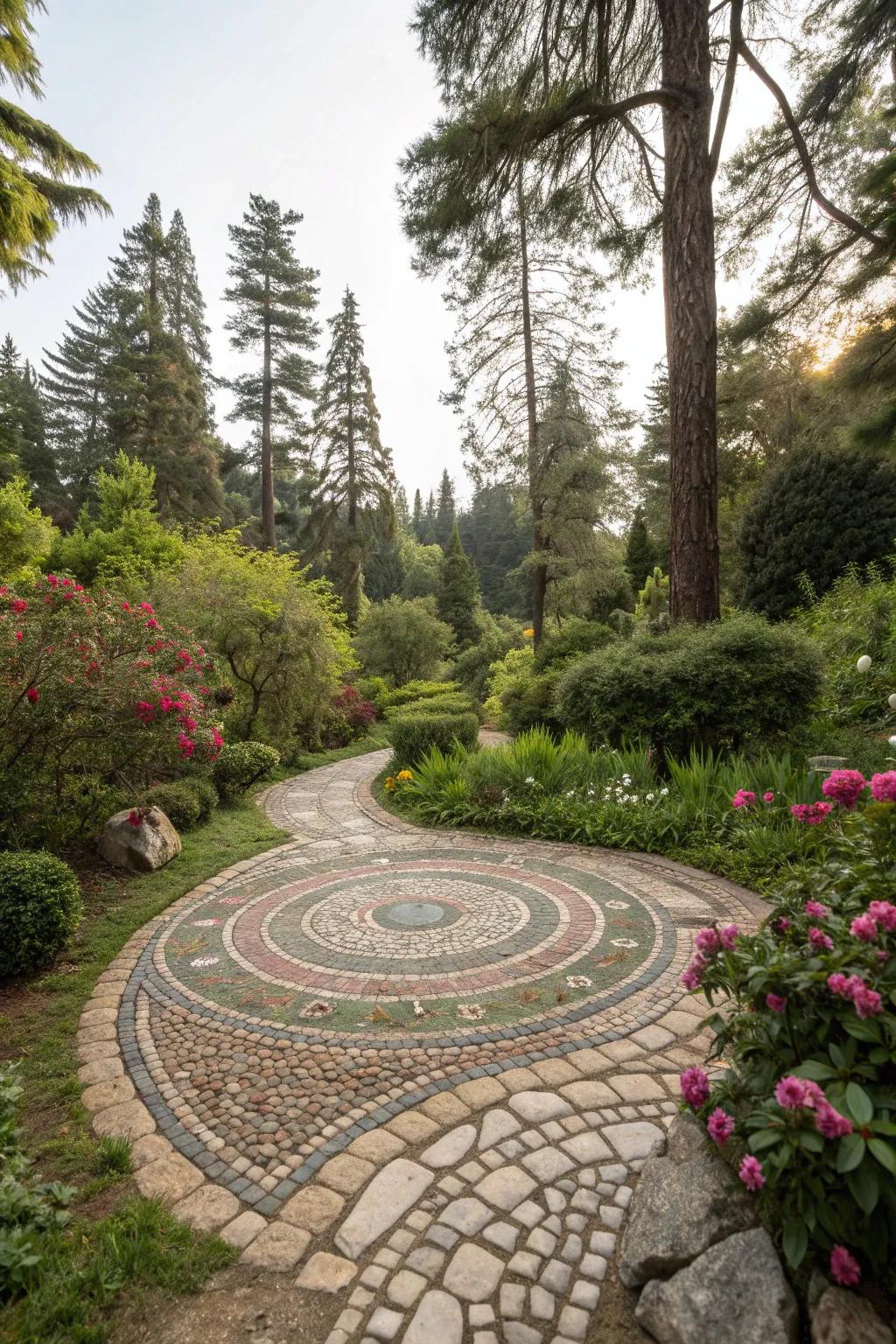 Pebble mosaics add artistry and interest to garden pathways.
