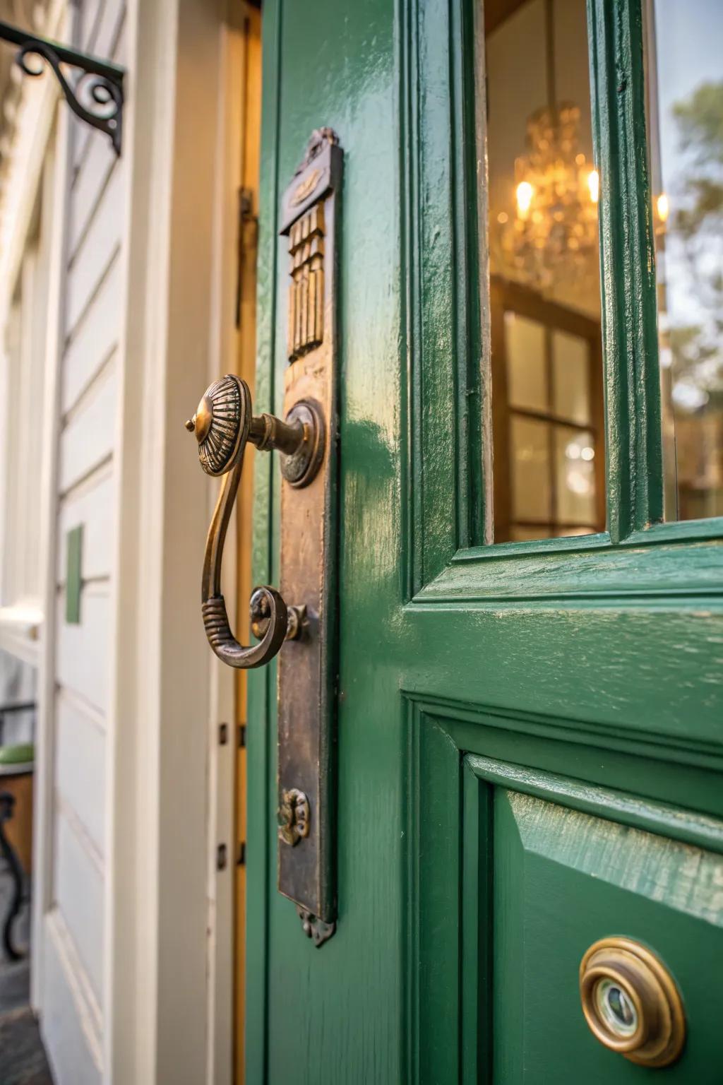 Brass accents add timeless elegance to green doors.
