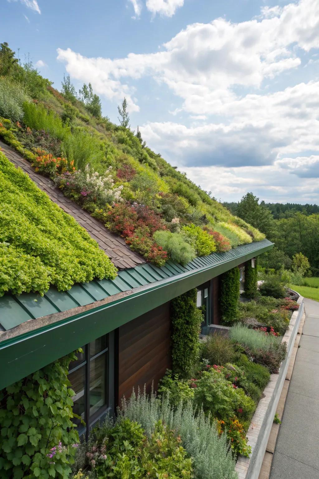 A green roof with an innovative vertical garden display.