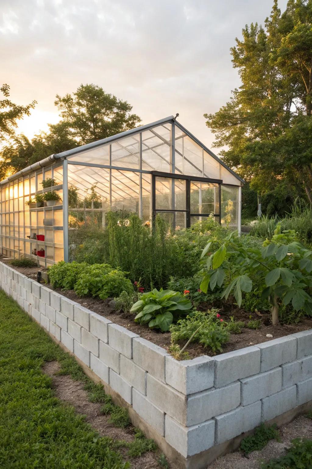 Breeze blocks provide a sturdy and economical greenhouse base.