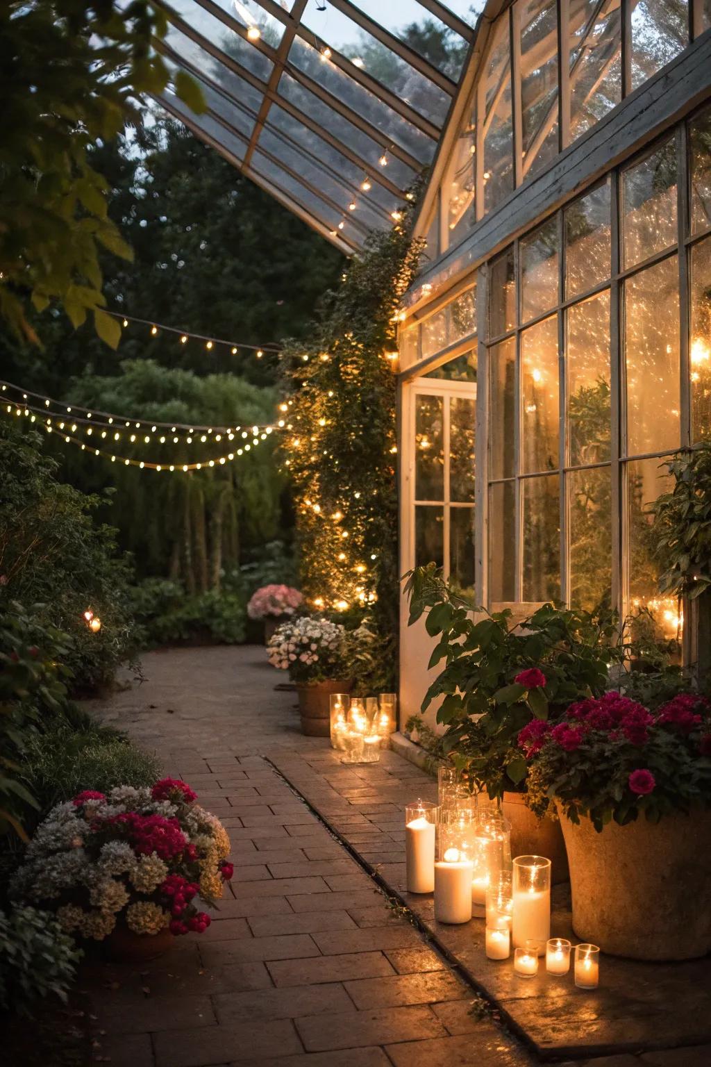 Ambient lighting turns your greenhouse into a magical evening retreat.