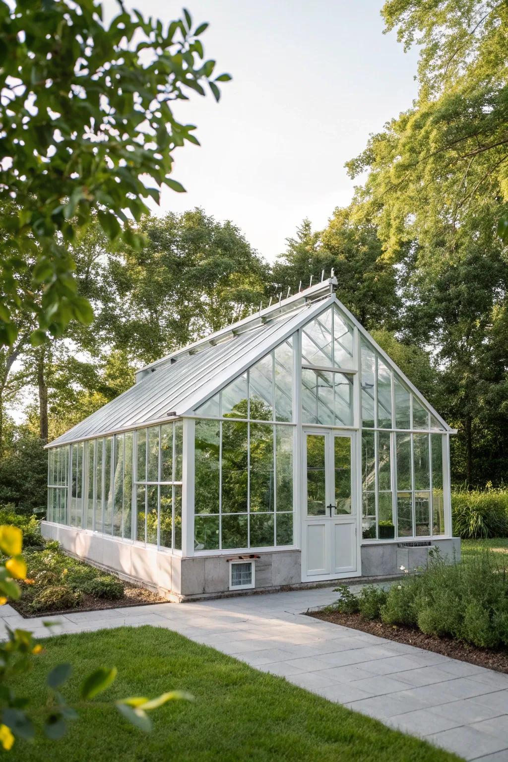 Sleek and modern glass house greenhouse design.