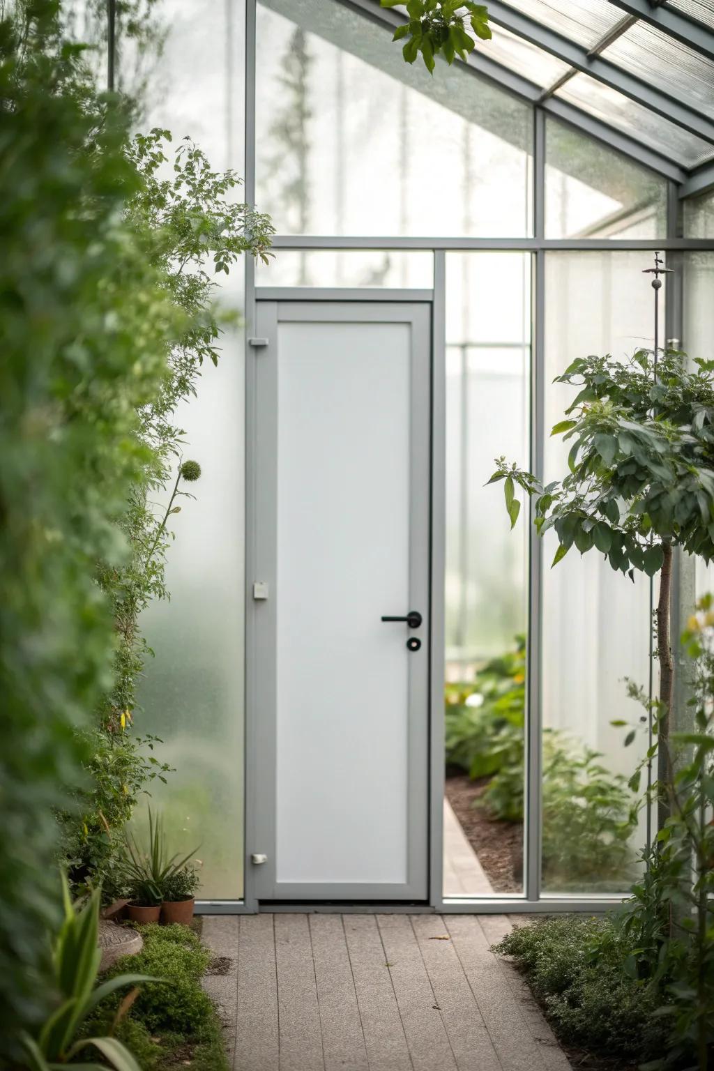 Embrace utilitarian minimalism with a sleek greenhouse door.
