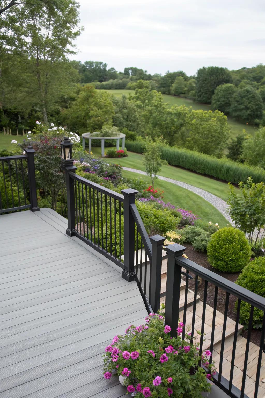 Sophisticated black railings on a grey deck, offering safety and style.