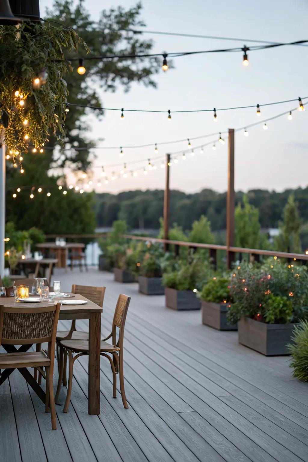 String lights create an enchanting dining atmosphere.
