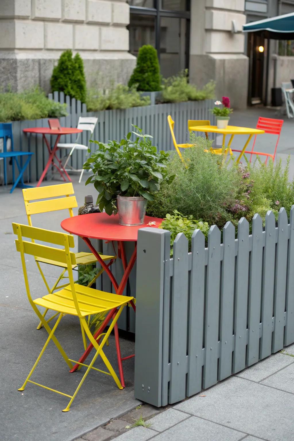 Create striking contrasts with bold colors and grey fencing.