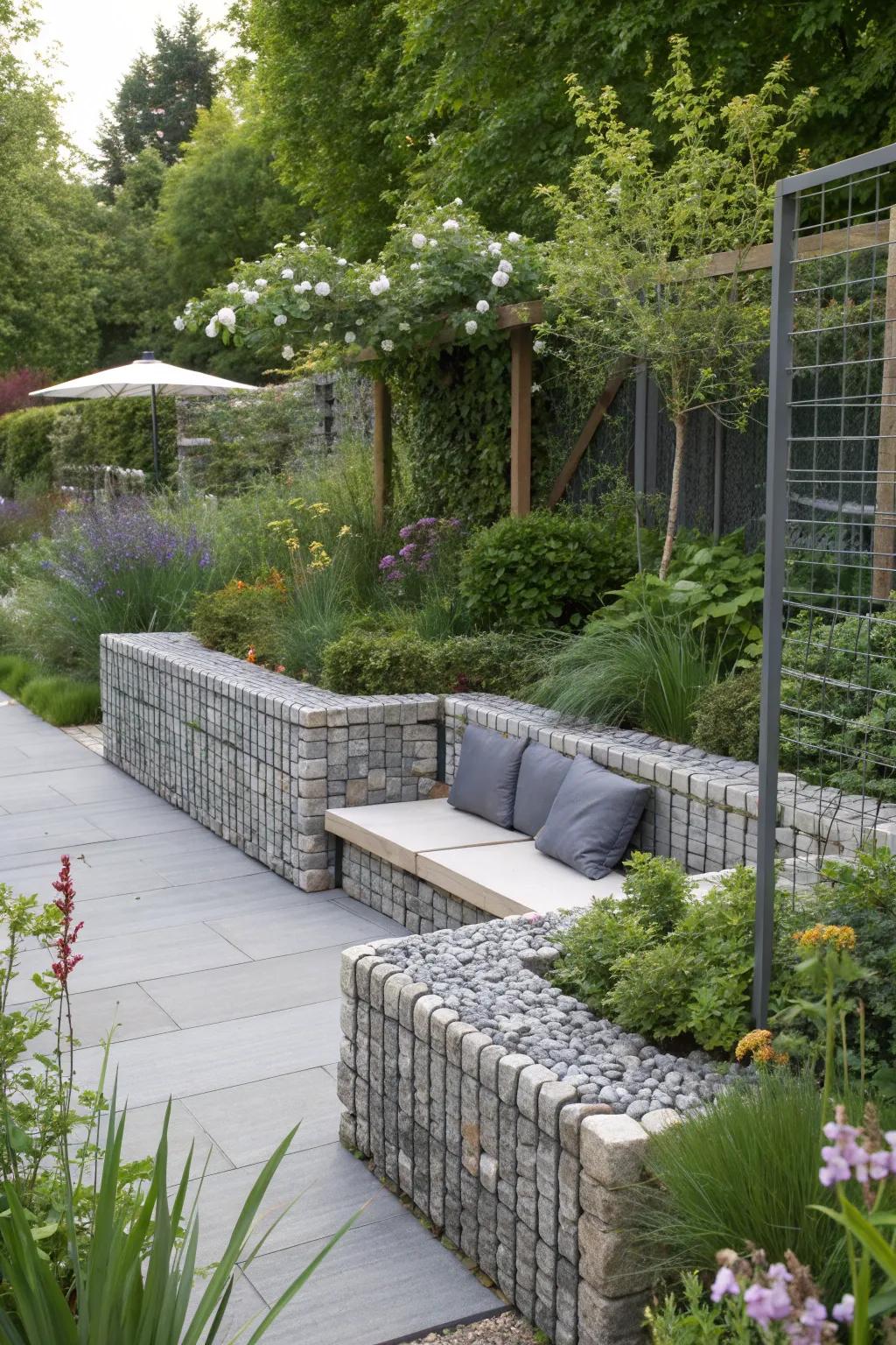 Textured grey gabion walls adding depth to a modern garden setting.