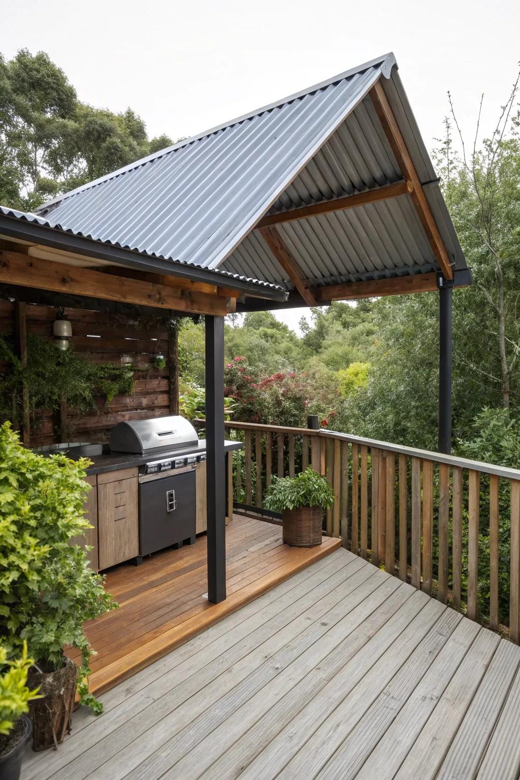A chic corrugated steel panel roof adding style and cover.