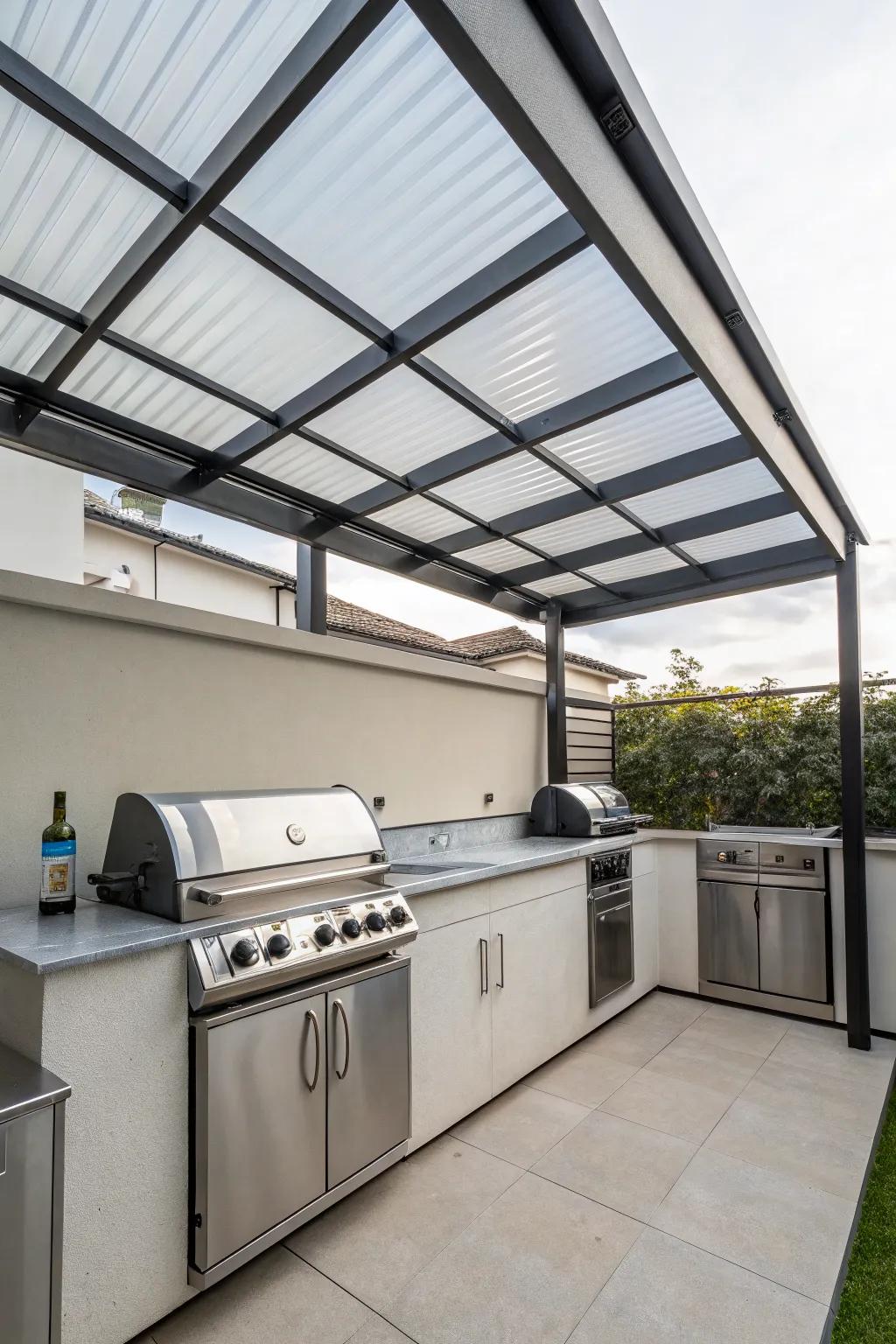 Polycarbonate panels provide a futuristic and durable roof option.