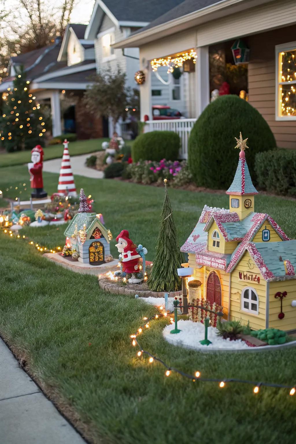 A Whoville village setup adds a magical touch to the Grinch-themed yard.